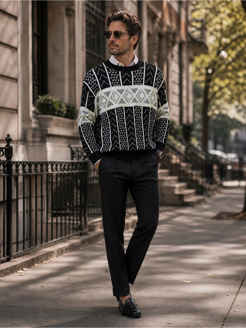 ADAM SLOANE Vintage Men's Black & White Geometric Crewneck Sweater M